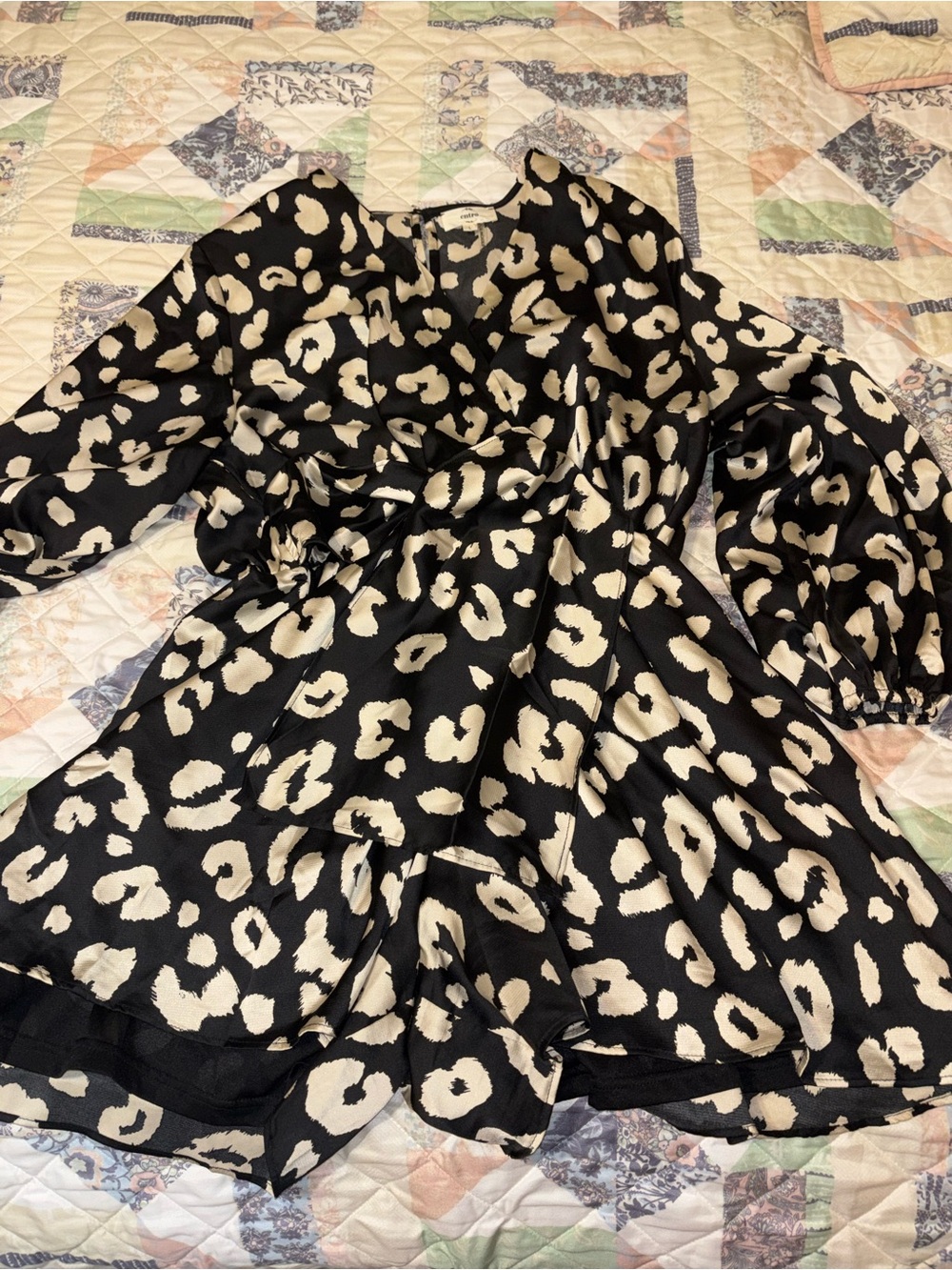 entro Black and Cream Animal Print Wrap Romper with Puff Sleeves